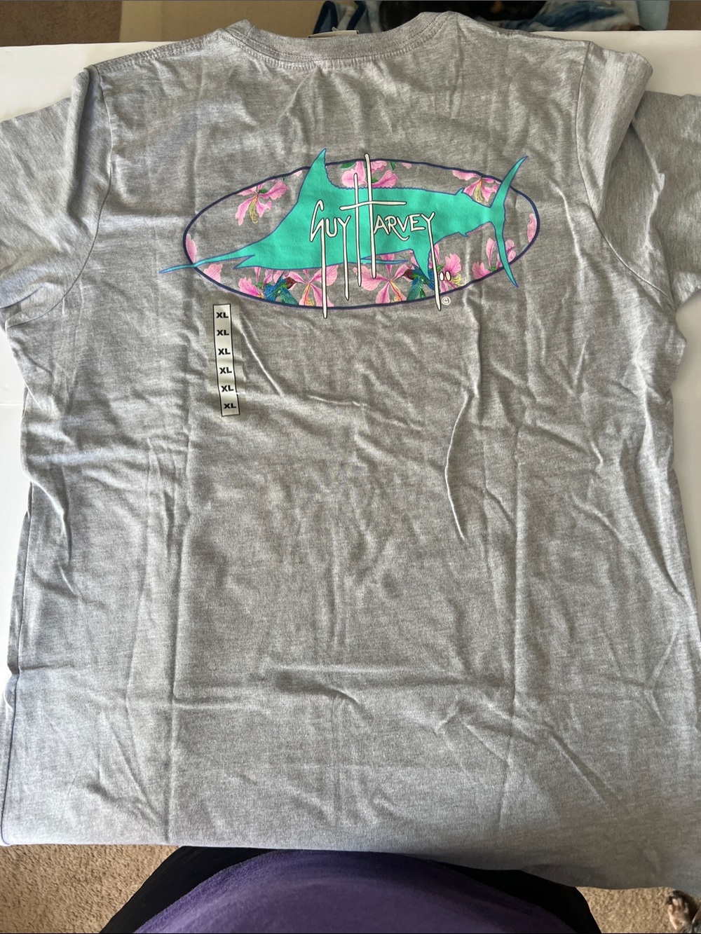 Guy Harvey Gray Tee with Teal & Pink Marlin Surf Graphic